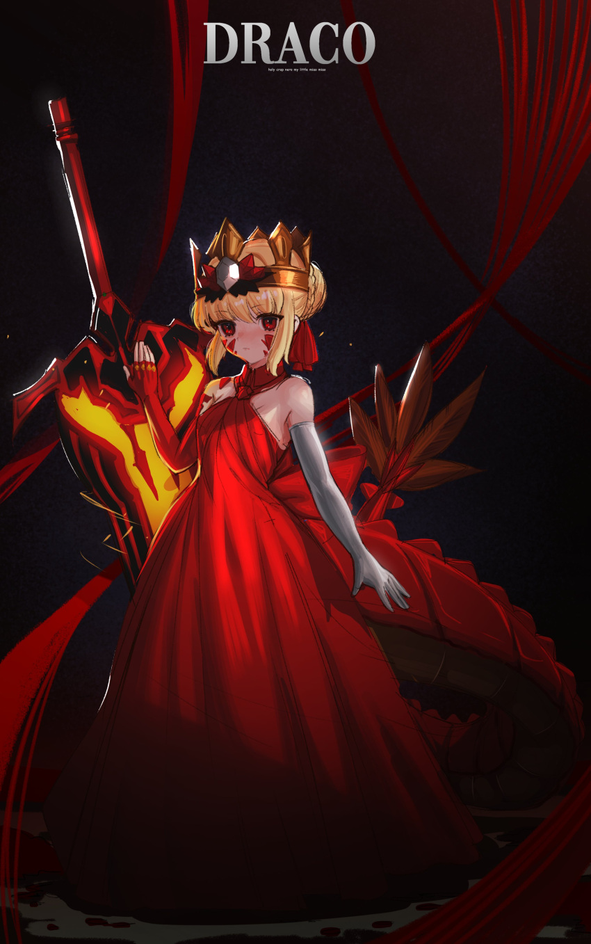 absurdres blonde_hair crown dragon_tail dress elbow_gloves facial_mark fate/grand_order fate_(series) full_body gloves hair_bun highres kowai_(iamkowai) nero_claudius_(fate) queen_draco_(fate) red_dress red_eyes red_ribbon ribbon single_glove standing sword tail weapon white_gloves