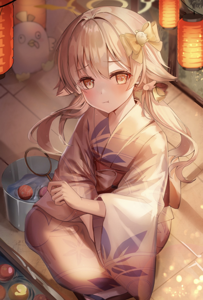 1girl :t alternate_costume blonde_hair blue_archive blush commentary_request doka_l festival floral_print_kimono hair_between_eyes hair_flaps hair_intakes halo hifumi_(blue_archive) highres japanese_clothes kimono lantern long_hair looking_at_viewer low_twintails obi paper_lantern pout sash squatting twintails white_kimono wing_hair_ornament winged_halo yellow_eyes yellow_halo