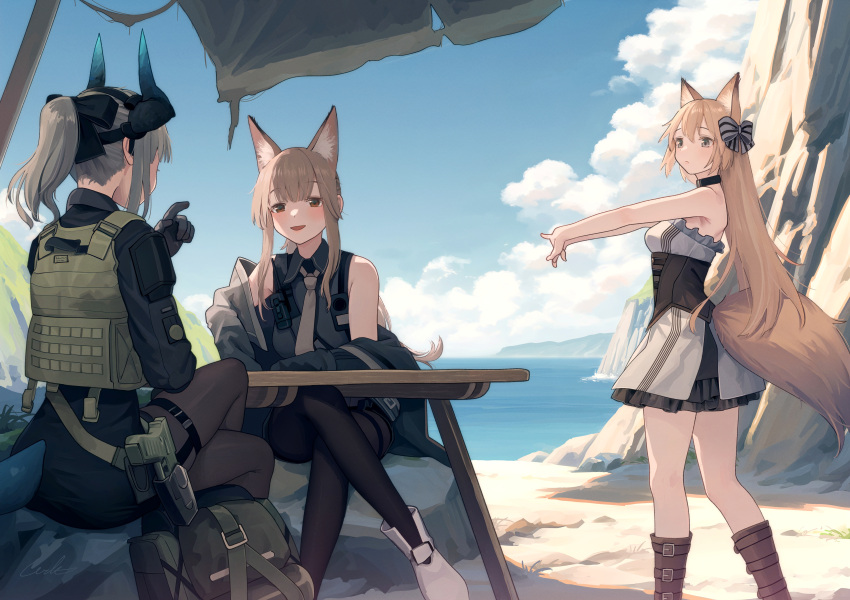 3girls absurdres animal_ear_fluff animal_ears arknights black_pantyhose black_shirt blue_sky boots bow breeze_(arknights) brown_footwear brown_hair chinese_commentary closed_mouth clouds commentary_request crossed_legs day dragon_girl dragon_horns dress fox_ears fox_girl fox_tail franka_(arknights) grey_bow grey_hair hair_bow highres horns liskarm_(arknights) long_hair medium_hair multiple_girls necktie open_mouth outdoors pantyhose ponytail shirt short_dress sitting sky sleeveless sleeveless_shirt standing strapless strapless_dress striped striped_bow tail welt_(kinsei_koutenkyoku) white_footwear white_necktie