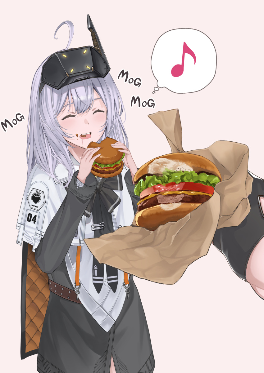 2girls absurdres ahoge burger cheese cloak closed_eyes eating female_pov food gloves goddess_of_victory:_nikke head-mounted_display highres holding holding_food jacket lettuce long_hair long_sleeves looking_at_viewer multiple_girls phinease pov pov_hands red_hood_(nikke) snow_white:_innocent_days_(nikke) snow_white_(nikke) tomato tomato_slice white_cloak white_hair