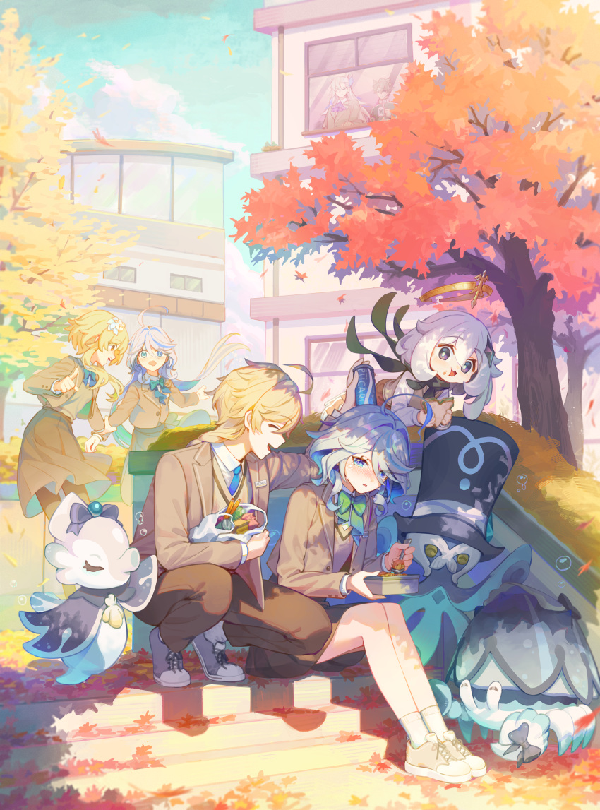 3boys 4girls absurdres aether_(genshin_impact) ahoge alternate_costume alternate_universe arm_grab arm_up autumn_leaves bento black_scarf black_skirt blazer blonde_hair blue_bow blue_bowtie blue_eyes blue_gemstone blue_hair blue_necktie blue_skin blue_sky blush bow bowtie braid branch brother_and_sister brown_jacket brown_pants brown_pantyhose brown_skirt brown_vest bush buttons can closed_eyes clouds collared_jacket collared_shirt colored_skin commentary_request creature crying crying_with_eyes_open crystal_hair_ornament day drop-shaped_pupils duplicate eating eyelashes flower flying focalors_(genshin_impact) food food_on_face furina_(genshin_impact) gem genshin_impact gentilhomme_usher grabbing green_bow green_bowtie grey_footwear grey_hair hair_between_eyes hair_flower hair_ornament halo hands_up heterochromia highres holding holding_bento holding_food holding_sandwich holding_spoon jacket leaf long_hair long_sleeves looking_at_another lumine_(genshin_impact) mademoiselle_crabaletta maple_leaf mechanical_halo mincho mismatched_pupils multicolored_hair multiple_boys multiple_girls necktie neuvillette_(genshin_impact) open_clothes open_jacket open_mouth orange_footwear outdoors package paimon_(genshin_impact) pants pantyhose sandwich scarf school shadow shirt shoes short_hair short_hair_with_long_locks siblings sidelocks sitting sitting_on_stairs skirt sky smile sneakers socks soda_can spoon stairs surintendante_chevalmarin symbol-shaped_pupils tears tongue tree two-tone_hair vest white_flower white_hair white_shirt white_socks window wriothesley_(genshin_impact) yellow_eyes