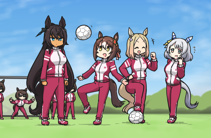 6+girls ^_^ animal_ears ball black_hair blue_eyes blue_sky breasts brown_hair clenched_hand closed_eyes clover_hair_ornament commentary_request dark-skinned_female dark_skin ear_covers ear_ornament earrings fine_motion's_bodyguard_captain fine_motion_(umamusume) full_body grass grey_hair hair_between_eyes hair_ornament hamu_koutarou hand_on_own_hip highres hishi_miracle_(umamusume) horse_ears horse_girl horse_tail jacket jewelry long_hair long_sleeves medium_breasts multicolored_hair multiple_girls narita_top_road_(umamusume) on_grass open_mouth outdoors pants red_footwear red_jacket red_pants shoes single_earring sky smile sneakers soccer soccer_ball streaked_hair symboli_kris_s_(umamusume) tail tracen_training_uniform track_jacket track_pants umamusume very_long_hair white_footwear white_hair yellow_eyes