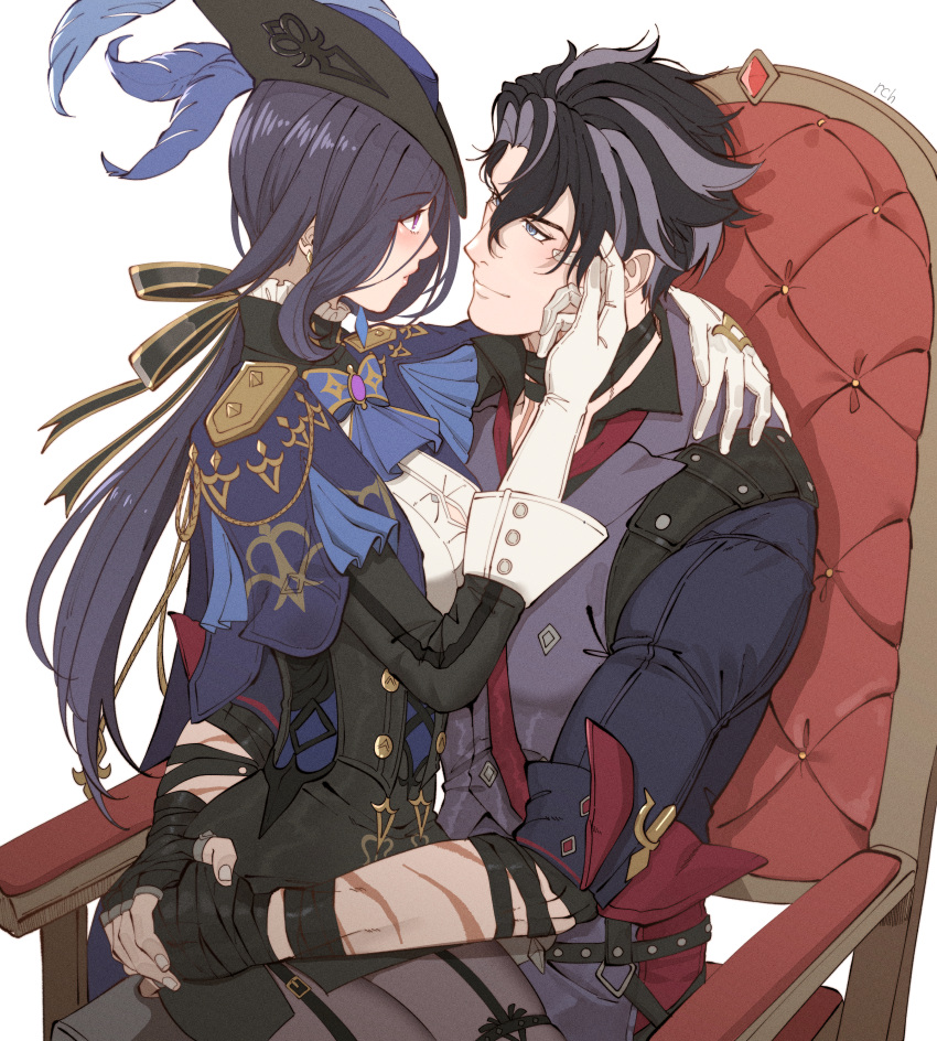 1boy 1girl absurdres arm_around_neck arm_around_waist bandaged_arm bandaged_neck bandages black_bandages black_hair blue_eyes blush bow bowtie buttons capelet chair clorinde_(genshin_impact) closed_mouth collared_shirt couple eye_contact face-to-face fingernails frills garter_straps genshin_impact gloves grey_hair hand_on_another's_cheek hand_on_another's_face hand_up hat hetero highres lips long_hair long_sleeves looking_at_another low_ponytail mature_male miniskirt multicolored_hair on_chair own_hands_together pants pantyhose pencil_skirt purple_hair rchella red_eyes scar scar_on_arm scar_on_neck shirt short_hair simple_background sitting sitting_on_lap sitting_on_person skirt smile twisted_torso two-tone_hair very_long_hair vest white_background wing_collar wriothesley_(genshin_impact)