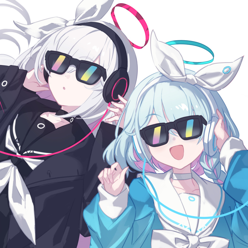 2girls absurdres arona_(blue_archive) black_choker black_coat black_hairband black_sailor_collar black_serafuku blue_archive blue_hair blue_halo choker coat colored_inner_hair commentary grey_hair hair_over_one_eye hairband halo headphones highres long_hair long_sleeves makai_no_juumin multicolored_hair multiple_girls neckerchief open_clothes open_coat open_mouth parted_lips pink_hair plana_(blue_archive) red_halo sailor_collar school_uniform serafuku short_hair simple_background smile sunglasses symbol-only_commentary white_background white_choker white_neckerchief white_sailor_collar