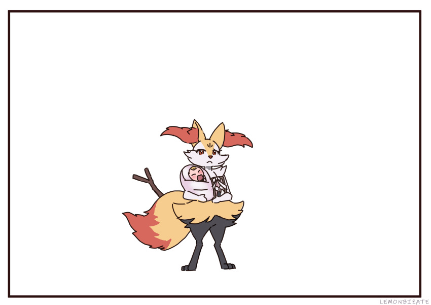 1girl absurdres animal_ear_fluff animal_ears animal_nose baby black_fur body_fur braixen crying fox_ears fox_girl fox_tail furry furry_female highres holding holding_frame holding_photo iei photo_(object) picture_frame pokemon pokemon_(creature) pokemon_xy red_eyes sad simonbutt6 simple_background snout tail white_background white_fur yellow_fur
