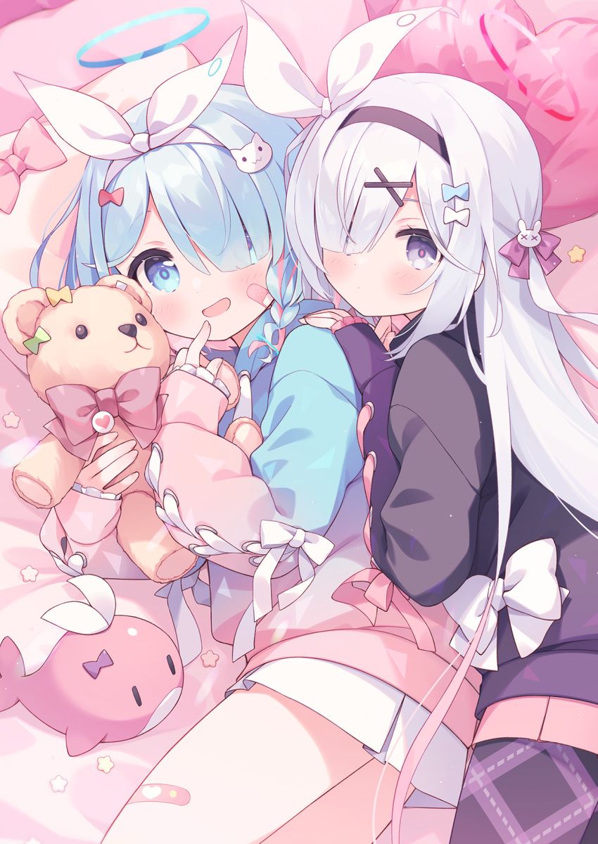 2girls arona_(blue_archive) bed black_hairband blue_archive blue_halo blue_pupils braid commentary_request hair_over_one_eye hairband halo highres kano_hito long_hair multiple_girls plana_(blue_archive) red_halo short_hair single_braid stuffed_animal stuffed_toy stuffed_whale teddy_bear