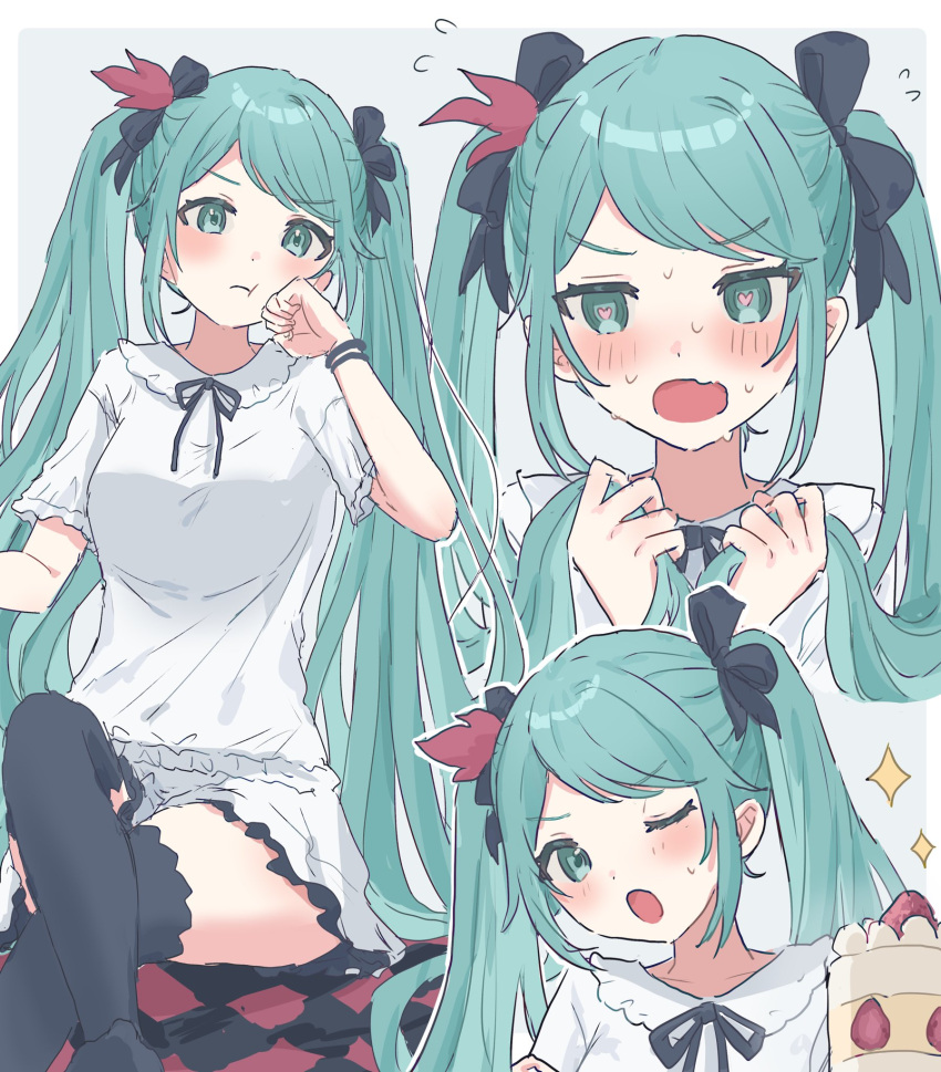 1girl aqua_eyes aqua_hair black_bow black_skirt black_thighhighs blush border bow cake closed_mouth embarrassed food grey_background hair_bow hatsune_miku highres keseranpasaraa long_hair looking_at_viewer multiple_hair_bows one_eye_closed open_mouth project_diva_(series) shirt short_sleeves skirt solo sparkle strawberry_shortcake supreme_(module) thigh-highs twintails vocaloid white_border white_shirt world_is_mine_(vocaloid)