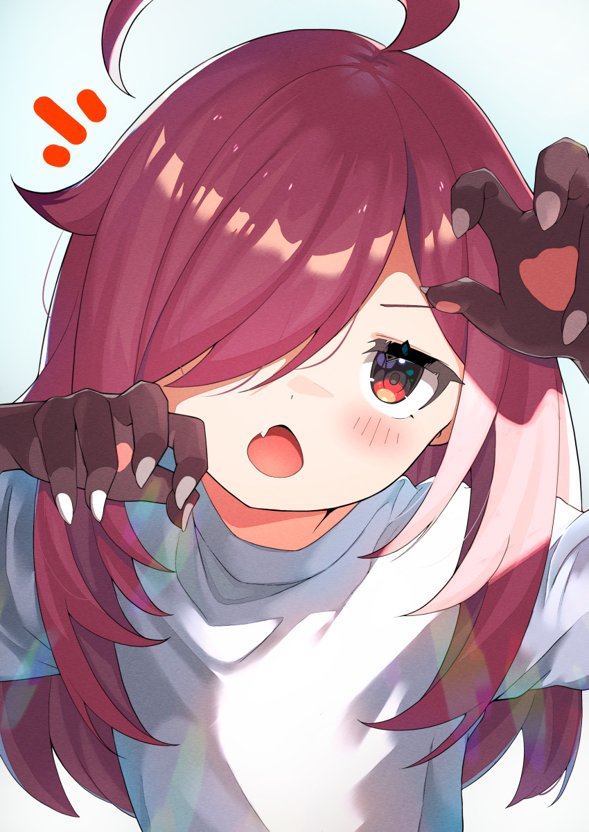 1girl absurdres ahoge animal_hands blush chestnut_mouth claw_pose claws commentary_request fang fingernails grey_background hair_over_one_eye highres huge_ahoge long_hair looking_at_viewer machikado_mazoku nokia_hiyou notice_lines one_eye_covered open_mouth red_eyes redhead sharp_fingernails shirt simple_background solo ugallu_(machikado_mazoku) upper_body v-shaped_eyebrows white_background white_shirt
