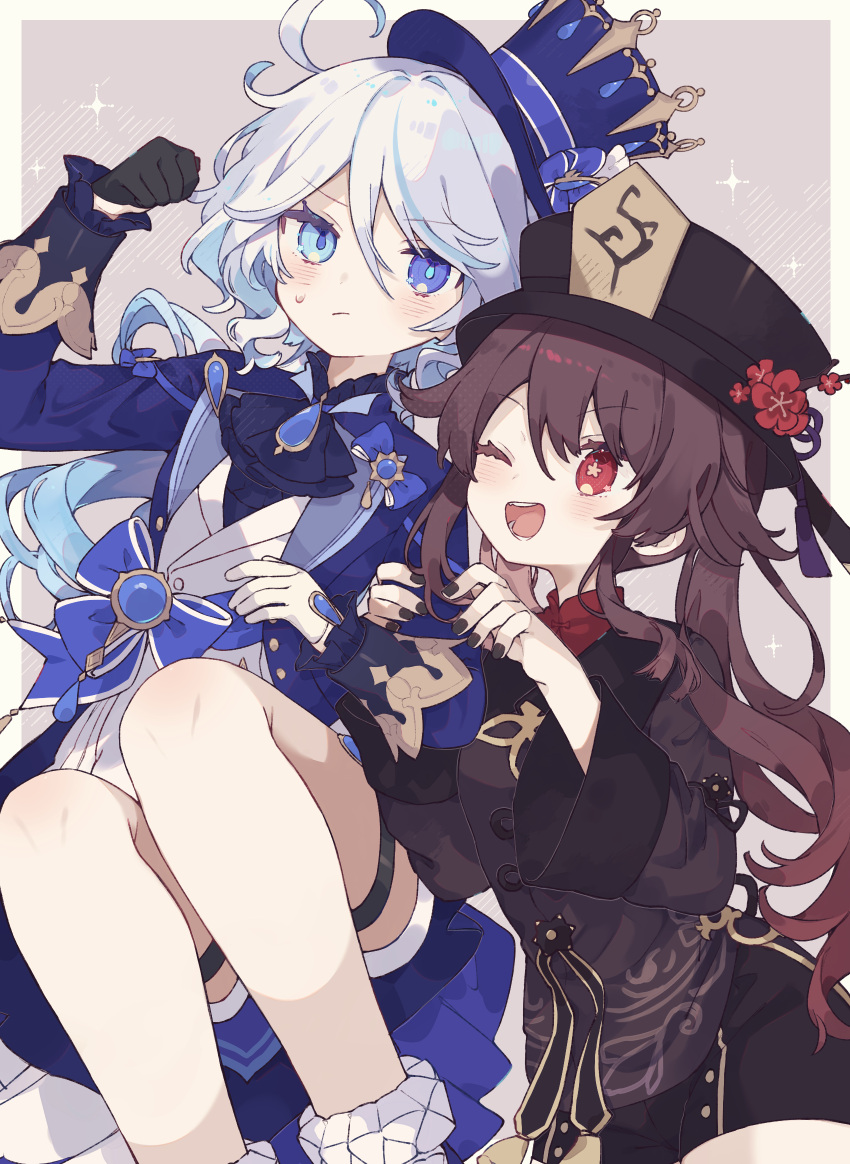 2girls ahoge ascot asymmetrical_gloves black_gloves black_headwear black_nails blue_ascot blue_bow blue_brooch blue_headwear blush bow brown_hair closed_mouth fingernails furina_(genshin_impact) genshin_impact gloves hat heterochromia highres hisui_itame hu_tao_(genshin_impact) knees legs long_hair mismatched_gloves multicolored_hair multiple_girls one_eye_closed open_mouth red_eyes sidelocks simple_background smile streaked_hair sweatdrop teeth top_hat two-tone_hair white_gloves