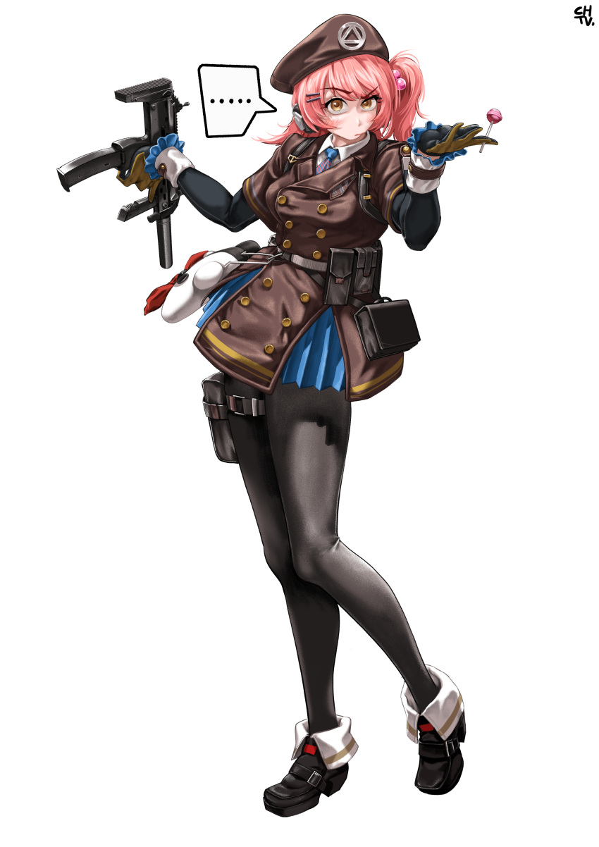 ... 1girl absurdres ammunition_pouch artist_name beret black_footwear black_gloves black_pantyhose blush boots brown_gloves brown_headwear brown_jacket candy chtv food full_body girls'_frontline_2:_exilium girls_frontline gloves gun h&amp;k_mp7 hair_ornament hairclip hat highres holding holding_candy holding_food holding_weapon jacket lollipop looking_at_viewer mp7_(girls'_frontline) one_side_up pantyhose pink_hair pouch solo speech_bubble submachine_gun two-tone_gloves weapon white_background yellow_eyes
