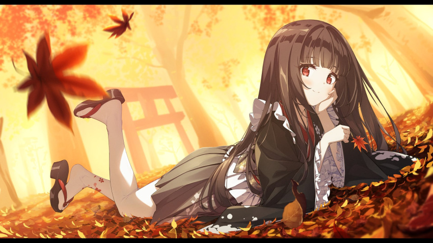 1girl arm_support autumn autumn_leaves black_hair black_kimono blunt_bangs closed_mouth commentary_request commission floral_print forest frilled_sleeves frills geta hand_on_own_cheek hand_on_own_face highres japanese_clothes kimono letterboxed long_hair long_sleeves looking_at_viewer lying maid nature obi obijime on_stomach original pleated_skirt red_eyes sash schatten skeb_commission skirt smile solo tabi thigh-highs torii tree very_long_hair wa_maid white_thighhighs wide_sleeves