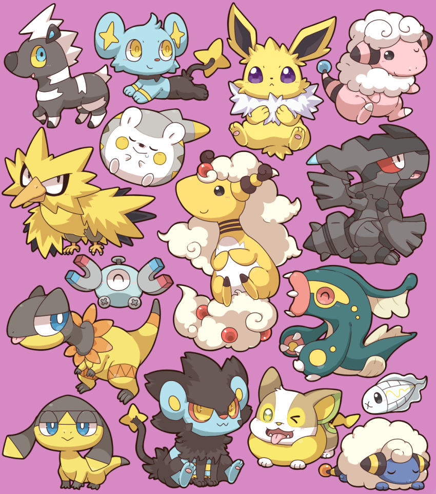 &gt;_o 2027_(submarine2027) :&gt; :&lt; :3 :p ^_^ ampharos blitzle blue_eyes blush bright_pupils brown_eyes claws closed_eyes closed_mouth colored_sclera commentary_request drooling eelektross fangs flaaffy green_eyes heliolisk helioptile highres jolteon looking_at_viewer luxray magnemite magnet mareep mega_ampharos mega_pokemon no_humans one-eyed one_eye_closed open_mouth pokemon pokemon_(creature) purple_background red_sclera screw shinx simple_background sitting sleeping smile smirk spikes togedemaru tongue tongue_out tynamo u_u v-shaped_eyebrows violet_eyes white_pupils yamper yellow_eyes yellow_pupils zapdos zekrom