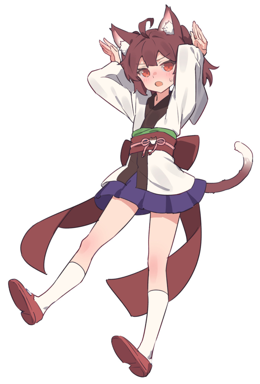 1girl ahoge animal_ear_fluff animal_ears arms_up blush brown_hair cat_ears cat_tail commentary_request full_body highres japanese_clothes kimono looking_at_viewer obi open_mouth purple_skirt red_eyes red_footwear sash short_hair short_kimono simple_background skirt socks solo sweatdrop tail touhoku_kiritan voiceroid white_background white_kimono white_socks yamamomo_(plank)