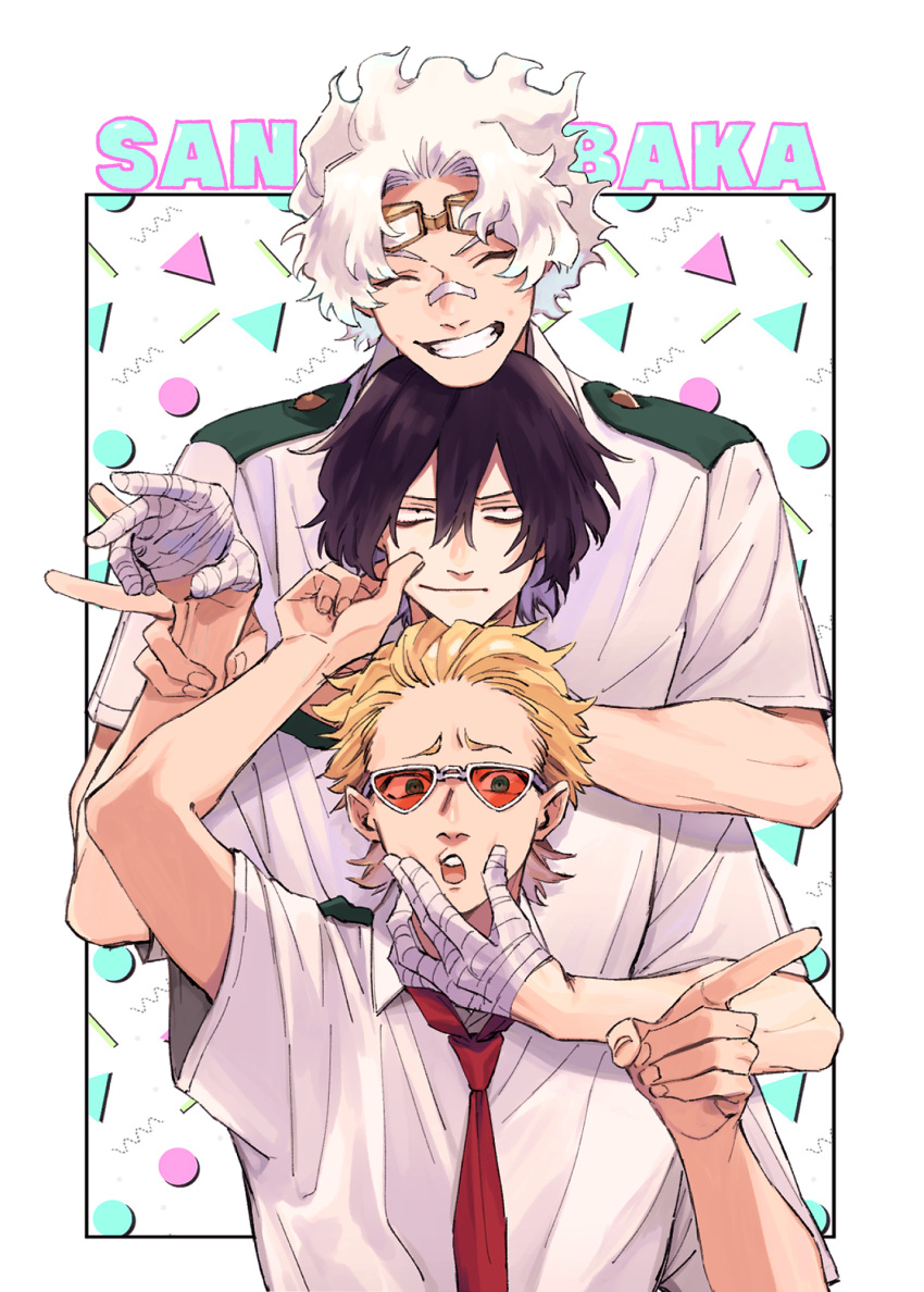 3boys bags_under_eyes bandaged_hand bandages bandaid bandaid_on_face bandaid_on_nose black_hair blonde_hair boku_no_hero_academia cheek_pull closed_eyes closed_mouth eraser_head_(boku_no_hero_academia) goggles goggles_on_head grin hair_between_eyes hand_on_another's_face highres looking_at_viewer loud_cloud male_focus multiple_boys necktie open_mouth orange-tinted_eyewear pointing present_mic red_necktie rnuyvm shirt short_hair short_sleeves smile tinted_eyewear white_hair white_shirt