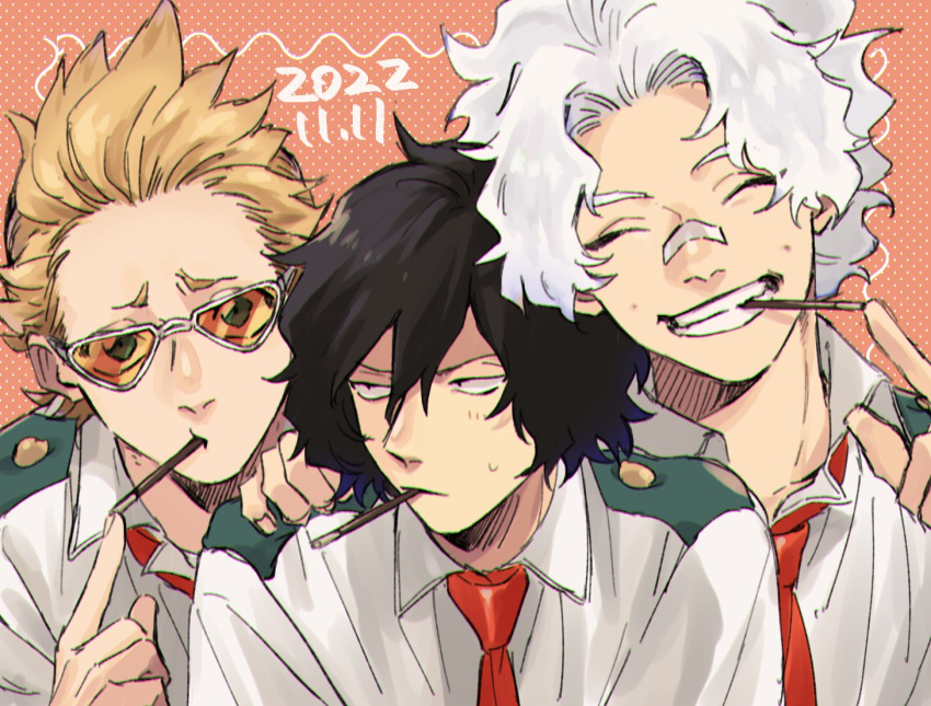 3boys bandaid bandaid_on_face bandaid_on_nose black_hair blonde_hair boku_no_hero_academia closed_eyes collared_shirt dated eraser_head_(boku_no_hero_academia) facing_viewer fingernails food food_in_mouth grin hair_between_eyes hand_on_another's_shoulder looking_at_viewer looking_to_the_side loud_cloud male_focus multiple_boys necktie orange-tinted_eyewear orange_background pocky pocky_in_mouth pointing present_mic red_necktie rnuyvm scar scar_on_face school_uniform shirt short_hair smile sweatdrop tinted_eyewear white-framed_eyewear white_hair