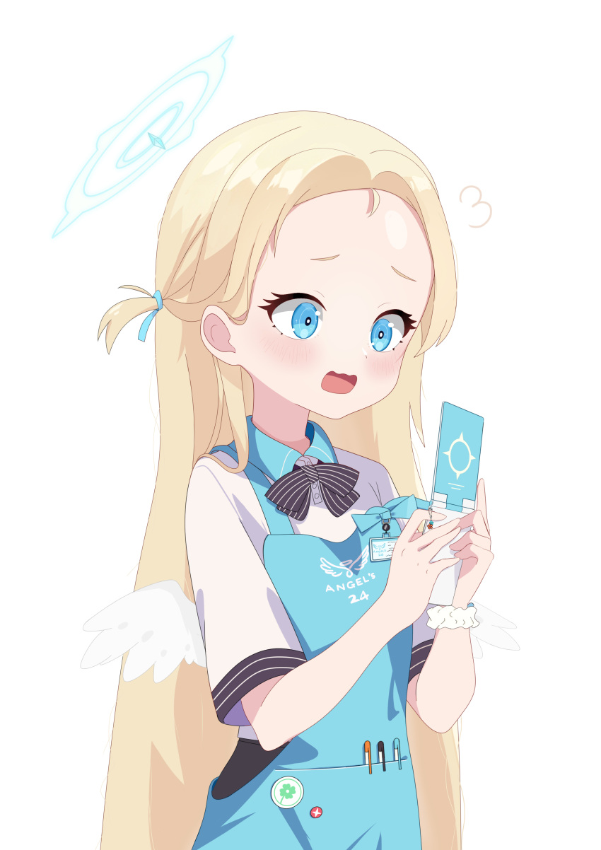 1girl absurdres angel's_24_uniform_(blue_archive) angel_wings apron baozi_9527 blonde_hair blue_apron blue_archive blue_eyes blue_halo blush cellphone collared_shirt feathered_wings halo highres holding holding_phone long_hair open_mouth phone polo_shirt shirt short_sleeves simple_background solo sora_(blue_archive) upper_body white_background white_shirt white_wings wings