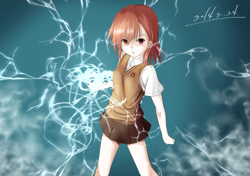 1girl bare_arms blue_background breasts brown_skirt brown_sweater brown_sweater_vest brown_vest commentary electricity electrokinesis emblem feet_out_of_frame hair_between_eyes hair_ornament hairpin highres looking_at_viewer medium_breasts medium_hair miniskirt misaka_mikoto mu-_(tel445566) parted_lips pleated_skirt psychic school_emblem shirt short_sleeves skirt sleeveless sleeveless_sweater solo standing summer_uniform sweater sweater_vest thighs toaru_kagaku_no_railgun toaru_majutsu_no_index v-shaped_eyebrows vest white_shirt