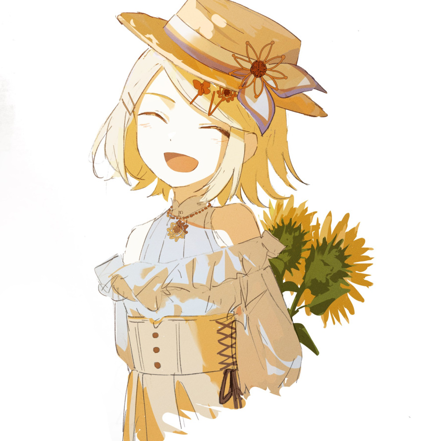 1girl :d ^_^ blonde_hair closed_eyes dress facing_viewer flower frills hair_ornament hairclip hat highres holding holding_flower jewelry kagamine_rin light_blush manuga_(manuga430) necklace project_sekai short_hair simple_background smile solo sunflower the_vivid_old_tale_(project_sekai) upper_body vocaloid white_background white_dress