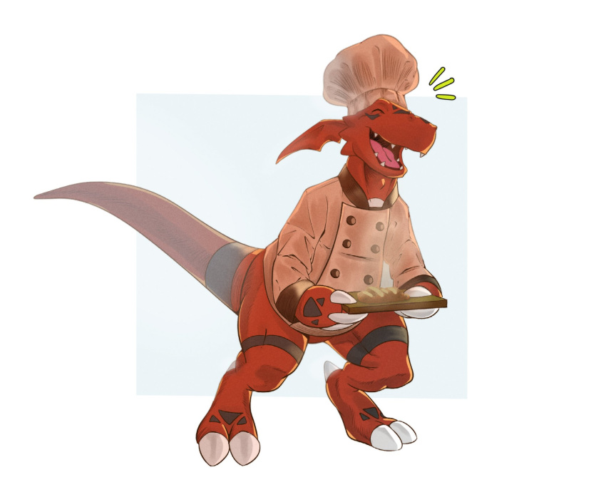 bread chef_hat claws closed_eyes clothed_digimon digimon digimon_(creature) food full_body guilmon happy hat head_wings highres holding holding_tray jacket no_humans open_mouth simple_background solo tail tenderule34 tray white_jacket wings