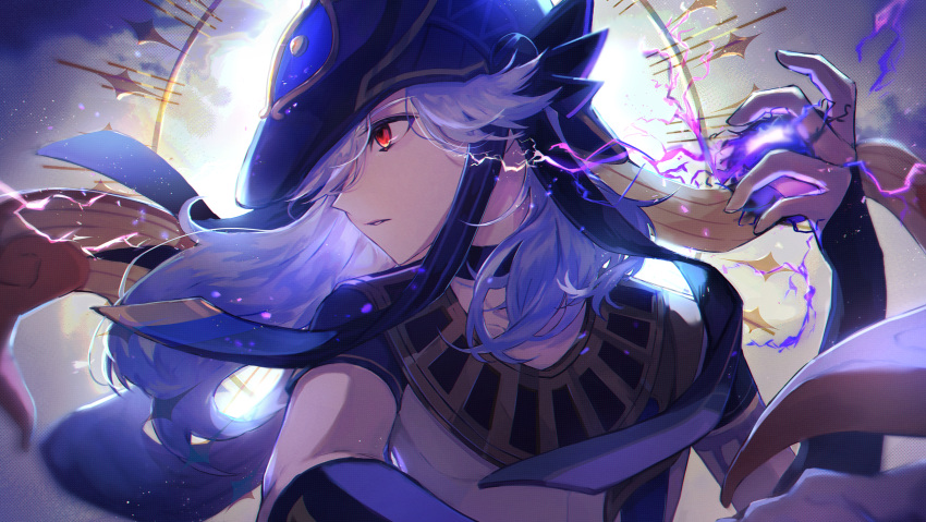 1boy absurdres black_gloves black_hood commentary cyno_(genshin_impact) electricity electrokinesis floating_hair genshin_impact gloves grey_hair half_gloves hand_up highres long_hair looking_to_the_side male_focus noinoi_noisy parted_lips red_eyes solo upper_body