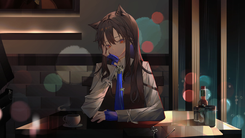 0_(znanimo) 1girl 1other animal_ear_fluff animal_ear_piercing animal_ears arknights arm_rest arm_support armlet bag blue_gloves blue_hair blue_necktie blurry bokeh breasts brick brick_wall brown_bag brown_hair brown_vest buttons closed_mouth coffee coffee_cup collared_shirt colored_inner_hair commentary cup depth_of_field disposable_cup double-parted_bangs drink expressionless fingerless_gloves fingernails gloves hair_between_eyes hand_on_own_cheek hand_on_own_face hand_up handbag head_rest head_tilt highres holding holding_bag hoop_piercing indoors long_hair long_sleeves looking_at_viewer moonlight multicolored_hair necktie night orange_eyes parted_bangs pepper_shaker piercing plate rain reflection reflective_table restaurant salt_shaker shadow shirt sidelocks sitting solo_focus steam straight-on straight_hair symbol-only_commentary tabasco table texas_(arknights) two-tone_hair upper_body v-neck vest wall wallpaper_(object) white_shirt window window_shade wing_collar wolf_ears wolf_girl wolf_head