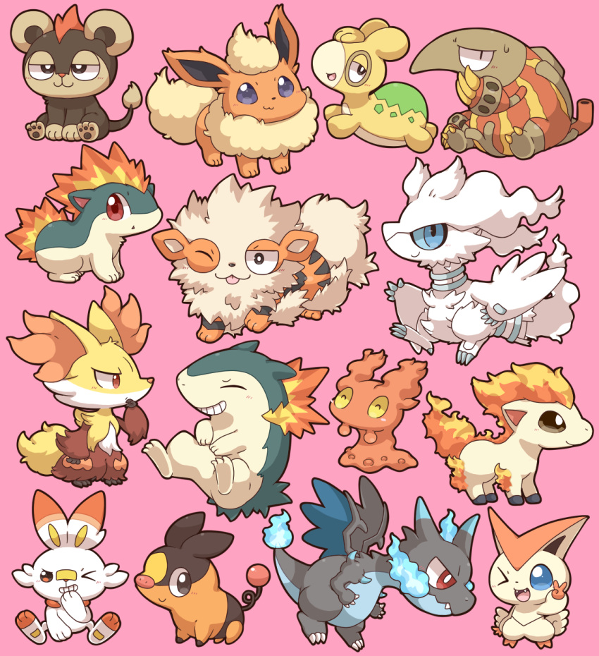 &gt;_o 2027_(submarine2027) :3 :d :o ;p ^_^ arcanine blue_eyes blue_fire blue_sclera blush bright_pupils brown_eyes charizard claws closed_eyes closed_mouth colored_sclera commentary_request delphox fangs fire flame-tipped_tail flareon grin hand_on_own_chin hand_up heatmor highres jitome litleo looking_at_viewer mega_charizard_x mega_pokemon no_humans numel one_eye_closed open_mouth pink_background pokemon pokemon_(creature) ponyta quilava red_eyes reshiram scorbunny sideways_glance simple_background sitting slugma smile sweatdrop teeth tepig thinking tongue tongue_out typhlosion v victini violet_eyes white_pupils
