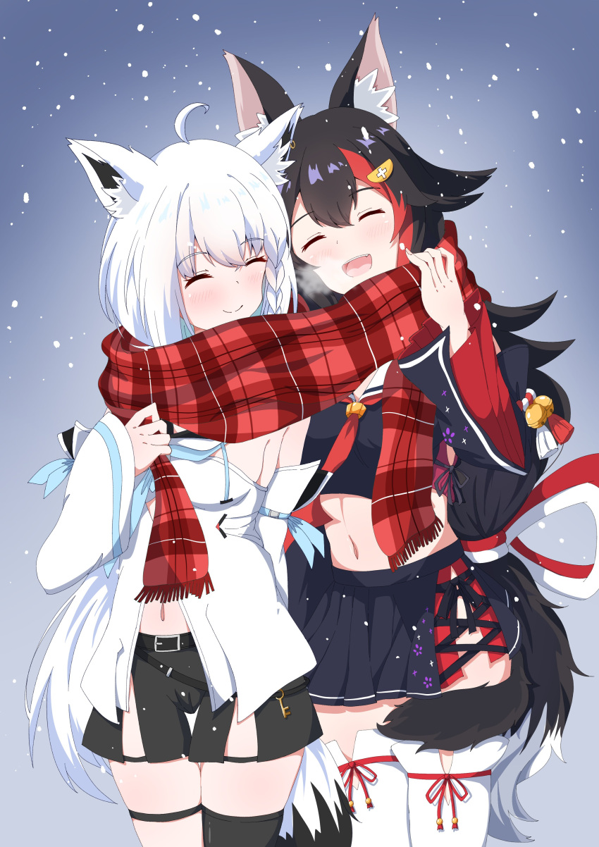2girls absurdres ahoge animal_ears black_hair black_shirt black_shorts black_skirt black_thighhighs closed_eyes closed_mouth cropped_shirt detached_sleeves ekaki_mato fox_ears fox_girl fox_tail hair_ornament hairpin highres hololive hood hoodie long_hair multicolored_hair multiple_girls ookami_mio ookami_mio_(1st_costume) open_mouth red_scarf redhead scarf shared_clothes shared_scarf shirakami_fubuki shirakami_fubuki_(1st_costume) shirt shorts single_thighhigh skirt smile snow snowing streaked_hair tail thigh-highs thigh_strap virtual_youtuber white_hair white_hoodie white_sleeves white_thighhighs wolf_ears wolf_girl wolf_tail