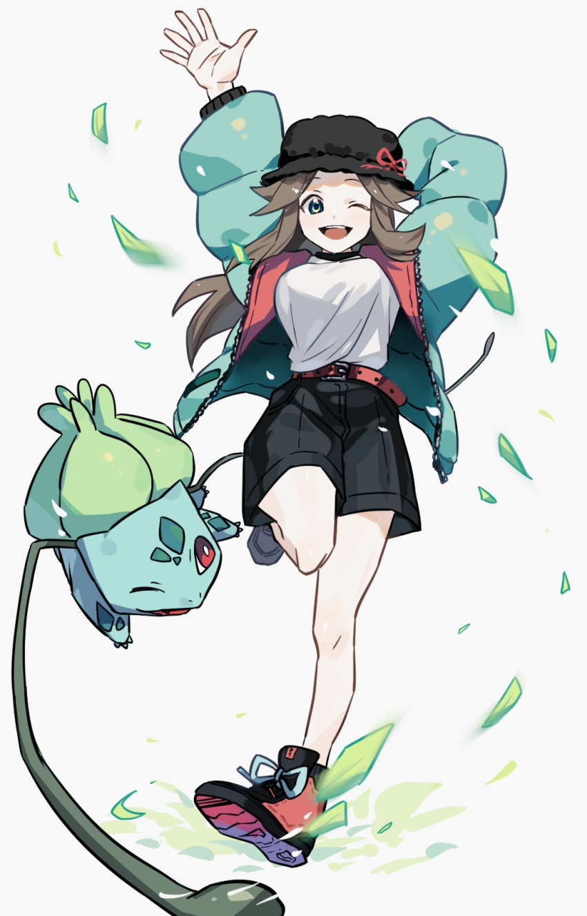 1girl ;d alternate_costume arm_behind_head belt black_headwear black_shorts brown_hair bulbasaur commentary_request falling_leaves green_jacket hair_flaps hat highres jacket kienai_11 knees leaf leaf_(pokemon) leg_up long_hair looking_at_viewer one_eye_closed open_clothes open_jacket open_mouth pokemon pokemon_(creature) pokemon_frlg red_belt shirt shoes shorts sidelocks smile teeth upper_teeth_only white_background zipper