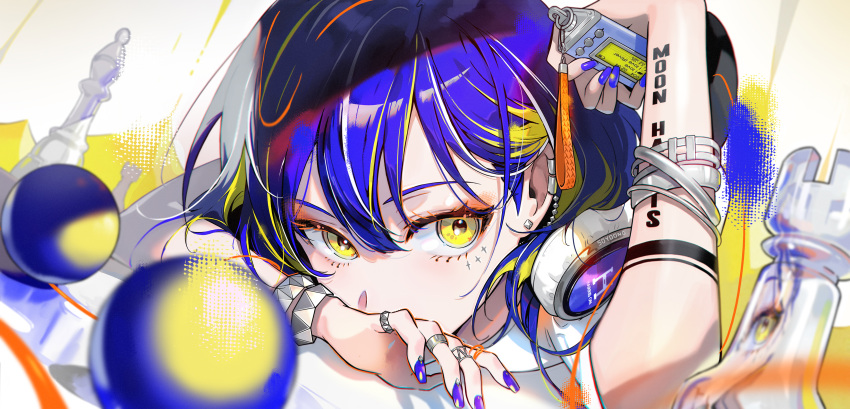 1girl absurdres bishop_(chess) blonde_hair blue_hair blue_nails body_writing bracelet chess_piece ear_piercing english_text facial_mark highres holding jewelry multicolored_hair multiple_rings original piercing reflection ring rook_(chess) solo soyoong_jun two-tone_hair upper_body yellow_eyes