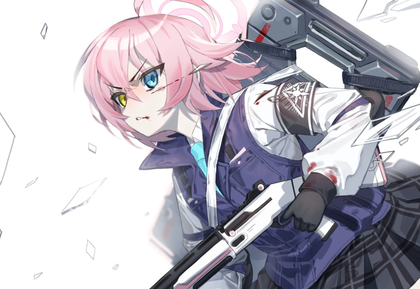 1girl aged_down ahoge angry armband beretta_1301 black_armband black_gloves black_skirt blood blood_on_face blood_trail blue_archive blue_eyes blue_vest collared_shirt commentary gachop99 glass_shards gloves gun hair_between_eyes halo heterochromia highres holding holding_gun holding_weapon hoshino_(blue_archive) hoshino_(young)_(blue_archive) huge_ahoge left-handed long_sleeves looking_ahead parted_lips pink_hair pink_halo plaid plaid_skirt pleated_skirt puffy_long_sleeves puffy_sleeves shield shield_on_back shirt short_hair simple_background skirt v-shaped_eyebrows vest weapon white_background white_shirt yellow_eyes
