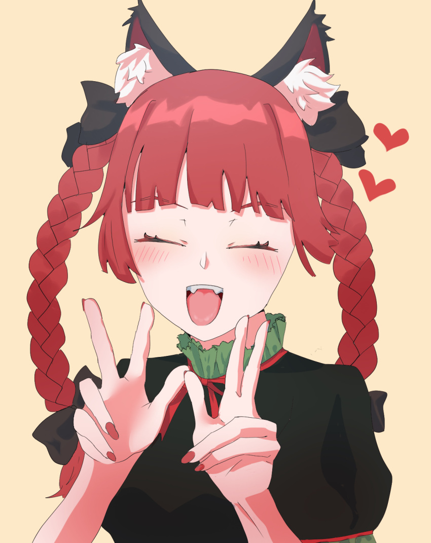 1girl animal_ear_fluff animal_ears braid cat_ears cat_girl closed_eyes commentary_request double_w facing_viewer fangs heart highres kaenbyou_rin long_hair open_mouth red_nails redhead shi_ppo_no short_sleeves side_braids simple_background solo touhou twin_braids upper_body w yellow_background