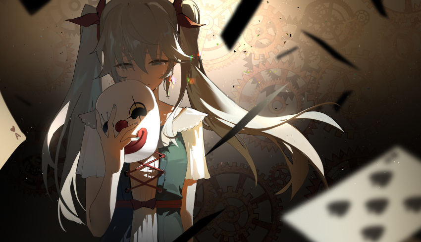 1girl absurdres ace_(playing_card) ace_of_hearts aqua_eyes aqua_hair aqua_nails bow card clown_mask criss-cross_strings crying crying_with_eyes_open dress five_of_spades gears hatsune_miku heart highres holding holding_mask jiu_ye_sang karakuri_pierrot_(vocaloid) layered_dress mask playing_card red_bow short_sleeves solo tears twintails vocaloid
