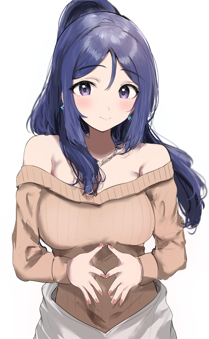1girl absurdres bare_shoulders blue_hair blush breasts brown_sweater collarbone commentary_request earrings hair_between_eyes highres jewelry large_breasts long_hair long_sleeves looking_at_viewer love_live! love_live!_sunshine!! matsuura_kanan nail_polish necklace off-shoulder_sweater off_shoulder open_mouth own_hands_together ponytail ribbed_sweater simple_background smile solo sunya_(honorin-yuunibo) sweater upper_body violet_eyes white_background
