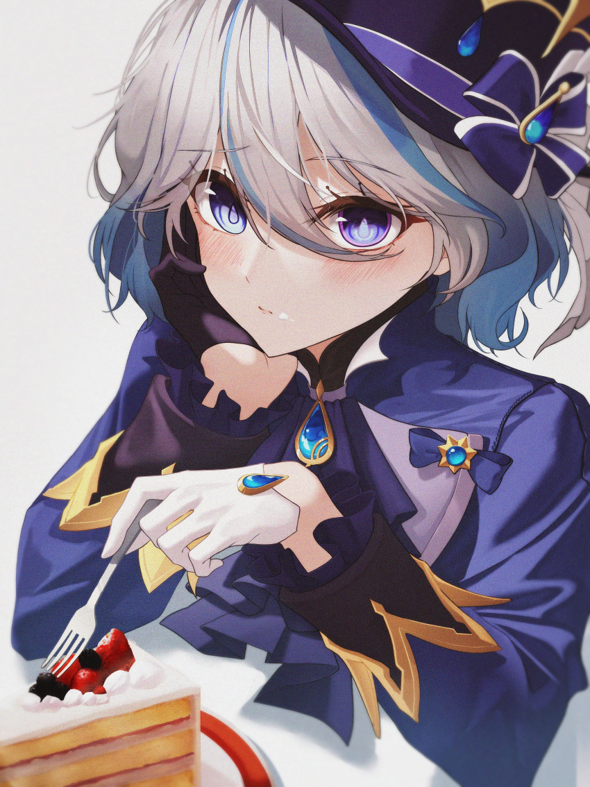 1girl absurdres ascot asymmetrical_gloves black_gloves blue_ascot blue_brooch blue_eyes blue_hair blue_headwear blue_jacket blush cake food fork furina_(genshin_impact) genshin_impact gloves grey_background grey_hair hand_on_own_cheek hand_on_own_face hat heterochromia highres holding holding_fork jacket light_blue_hair mismatched_gloves multicolored_hair plate seehyun1031 shadow simple_background solo streaked_hair top_hat two-tone_hair upper_body white_gloves
