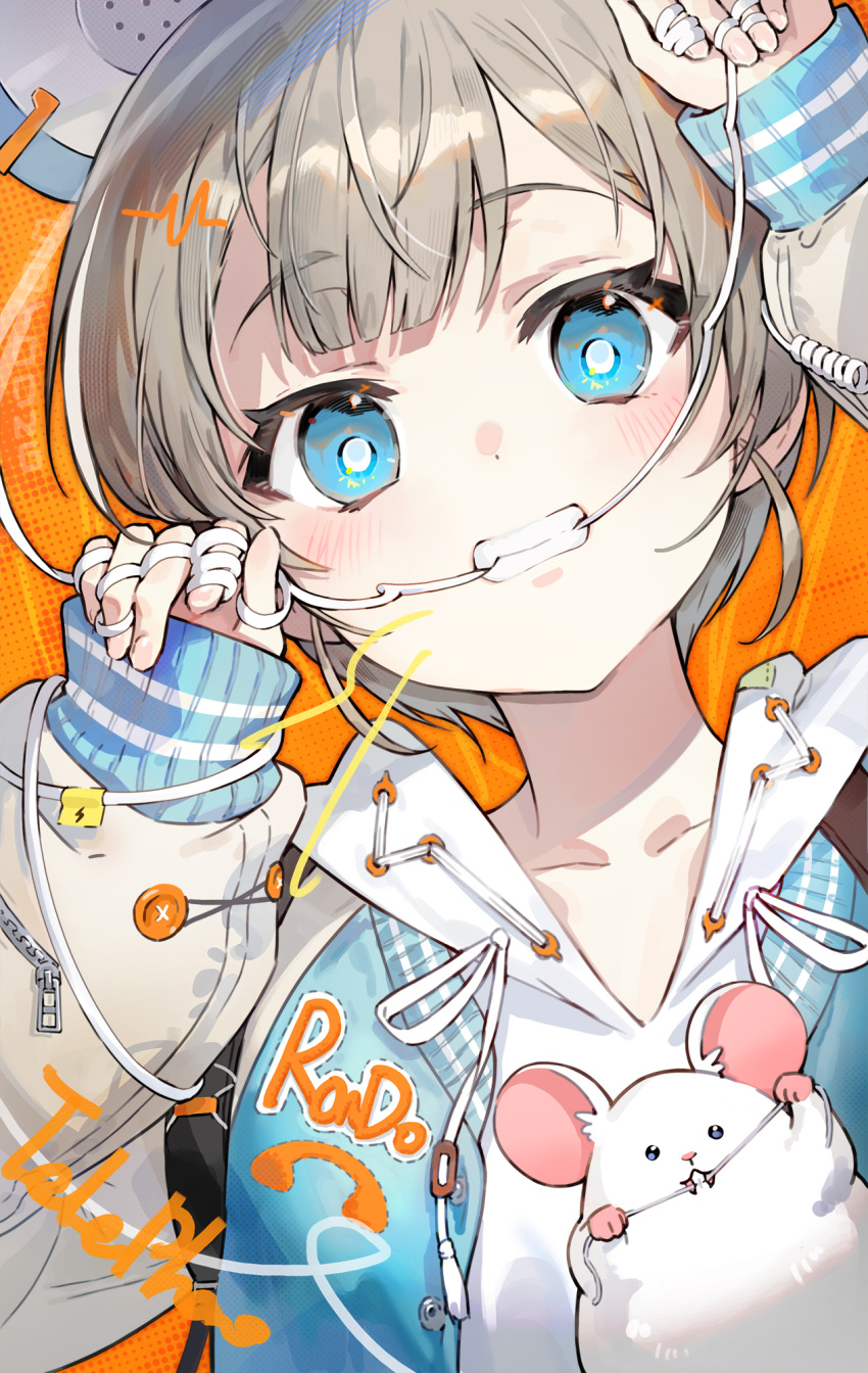 1girl arm_up blue_eyes blush clenched_teeth grey_hair highres hood hoodie jacket long_sleeves looking_at_viewer mouse mouth_hold open_clothes open_jacket original portrait short_hair sleeves_past_wrists solo soyoong_jun teeth teeth_hold upper_body white_hoodie