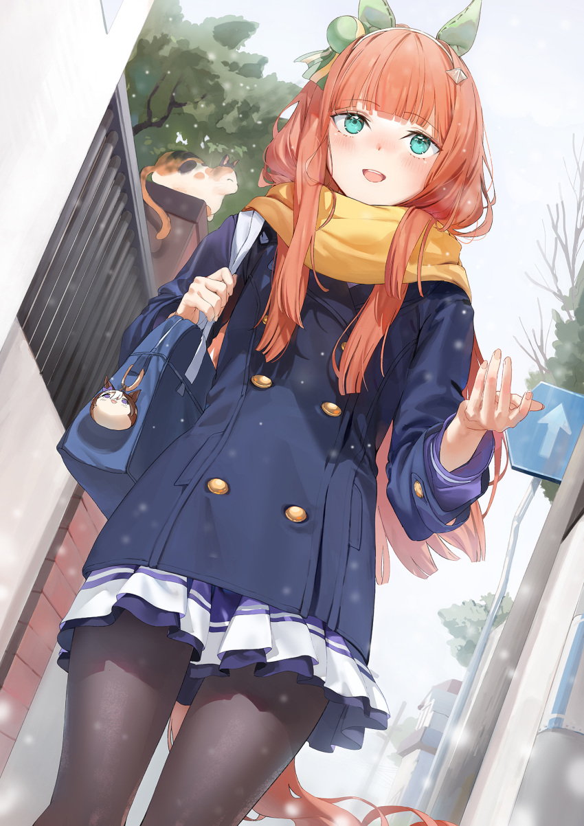 1girl animal_ears aqua_eyes bag black_pantyhose blue_bag blue_coat blunt_bangs cat coat commentary_request ear_covers emyo fence hand_up highres holding holding_bag horse_ears horse_girl horse_tail long_hair long_sleeves looking_up open_mouth orange_hair outdoors pantyhose road_sign scarf school_bag school_uniform shoulder_bag sign silence_suzuka_(umamusume) smile snowing solo special_week_(umamusume) tail teeth tree umamusume upper_teeth_only winter_clothes winter_uniform yellow_scarf