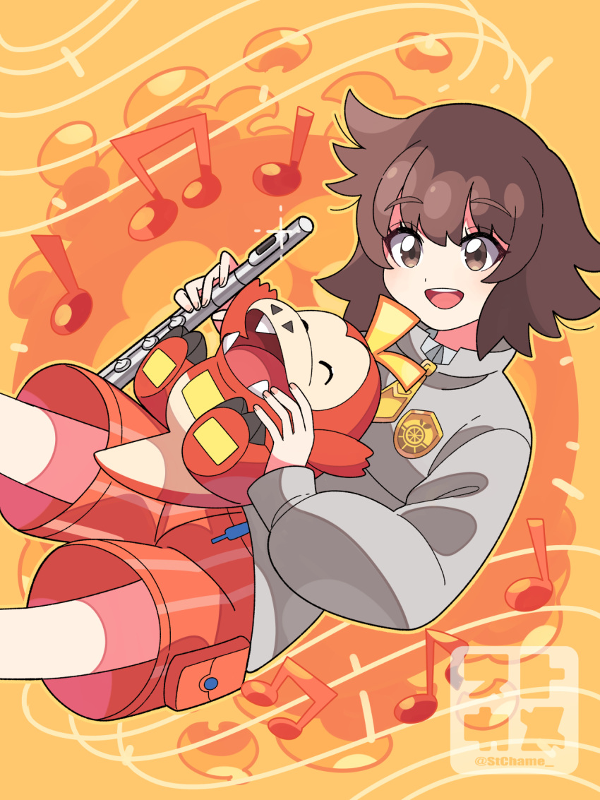 1girl :d brown_eyes brown_hair eyelashes flute fuecoco grey_jacket highres holding holding_instrument holding_pokemon instrument jacket logo looking_down musical_note ohara_(pokemon) open_mouth orange_shorts pokemon pokemon:_paldean_winds pokemon_(creature) shorts smile staff_(music) sutokame teeth tongue upper_teeth_only zipper_pull_tab