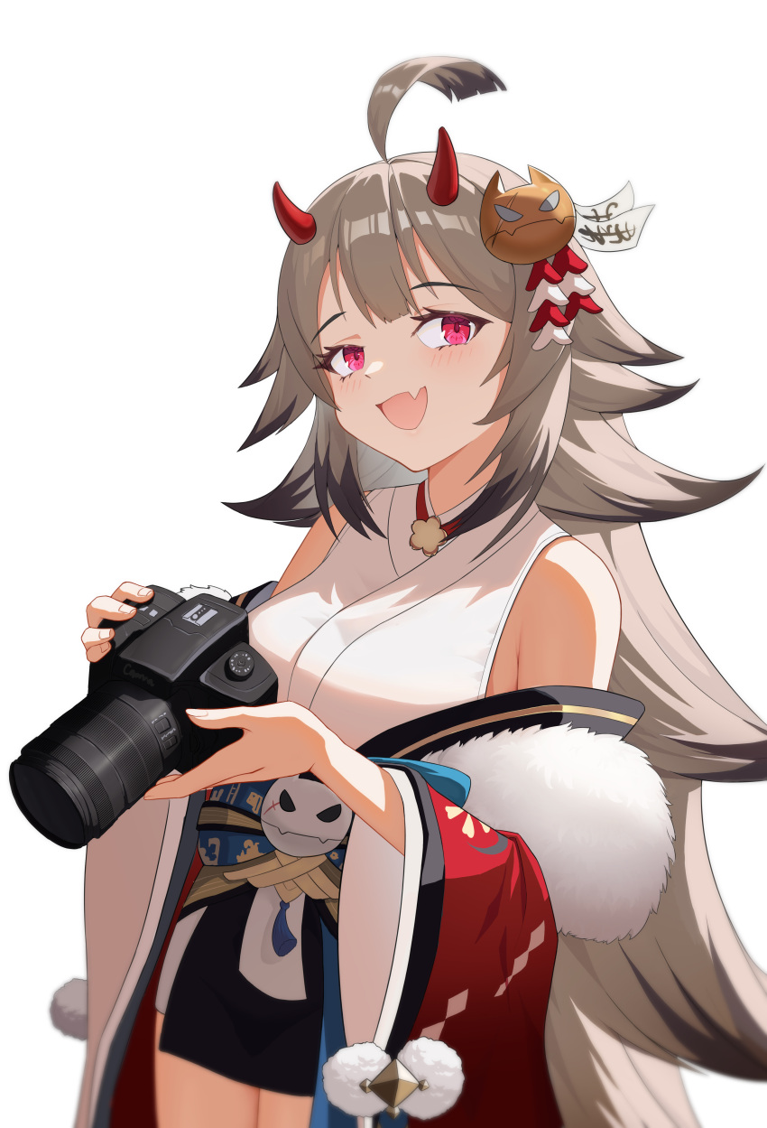 1girl :d absurdres ahoge alexhiro azur_lane bare_shoulders breasts brown_hair camera detached_sleeves fang hibiki_(azur_lane) highres holding holding_camera horns japanese_clothes kimono looking_back obi open_clothes pink_eyes red_sleeves sash simple_background skin_fang smile solo spiky_hair white_background wide_sleeves
