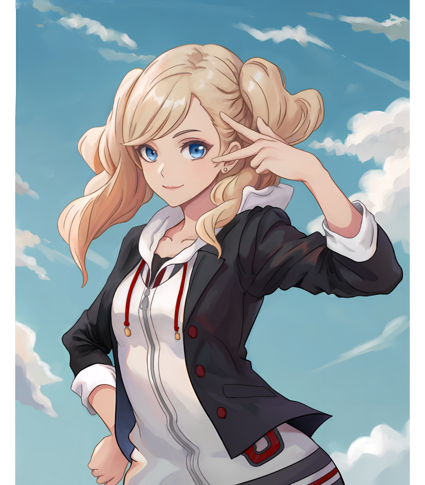 1girl absurdres black_jacket blonde_hair blue_eyes blue_sky buttons closed_mouth clouds collarbone earrings hand_on_own_hip highres hood hood_down jacket jewelry lips long_hair looking_at_viewer mixed-language_commentary open_clothes open_jacket persona persona_5 pigsir13152 pink_lips school_uniform shuuchiin_academy_school_uniform sky sleeves_rolled_up smile solo swept_bangs takamaki_anne twintails v wavy_hair