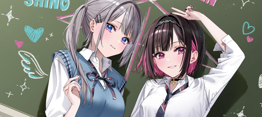 2girls artist_name black_choker black_hair black_hairband blue_eyes blue_sweater_vest bow bowtie breasts character_name chigusa_minori choker closed_mouth collared_shirt grey_hair grey_skirt hair_ornament hairband hairclip hand_up heart highres large_breasts long_hair long_sleeves looking_at_viewer multicolored_hair multiple_girls necktie open_mouth pink_eyes pink_hair saotome_shino_(shino_to_ren) shino_to_ren shirayuki_ren shirt short_hair shorts sidelocks skirt smile striped striped_bow striped_bowtie striped_necktie sweater sweater_vest two-tone_hair v white_shirt