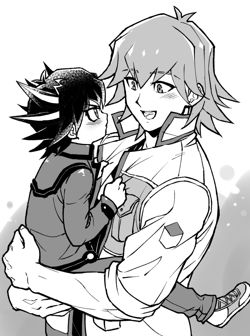 2boys absurdres age_difference aged_down black_hair blush bruno_(yu-gi-oh!) carrying carrying_person child clothes_grab commentary_request embarrassed fudou_yuusei greyscale high_collar highres holding jacket male_focus monochrome multicolored_hair multiple_boys open_clothes open_jacket open_mouth pants screentones shirt shoes short_hair sleeves_rolled_up smile sneakers spiky_hair standing streaked_hair youko-shima yu-gi-oh! yu-gi-oh!_5d's