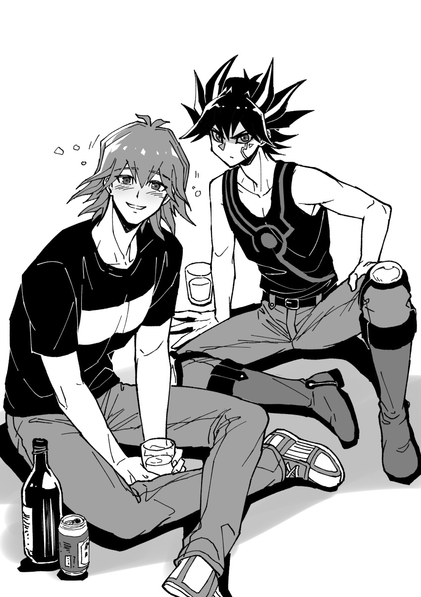 2boys absurdres alcohol angry beer belt black_hair blush boots bruno_(yu-gi-oh!) crossed_legs cup denim drunk facial_mark facial_tattoo fudou_yuusei greyscale grin hand_on_floor hand_on_own_leg highres holding holding_cup jeans knee_boots knee_pads male_focus marking_on_cheek monochrome multicolored_hair multiple_boys on_floor pants shirt shoes short_hair sitting smile sneakers spiky_hair streaked_hair t-shirt tank_top tattoo youko-shima yu-gi-oh! yu-gi-oh!_5d's