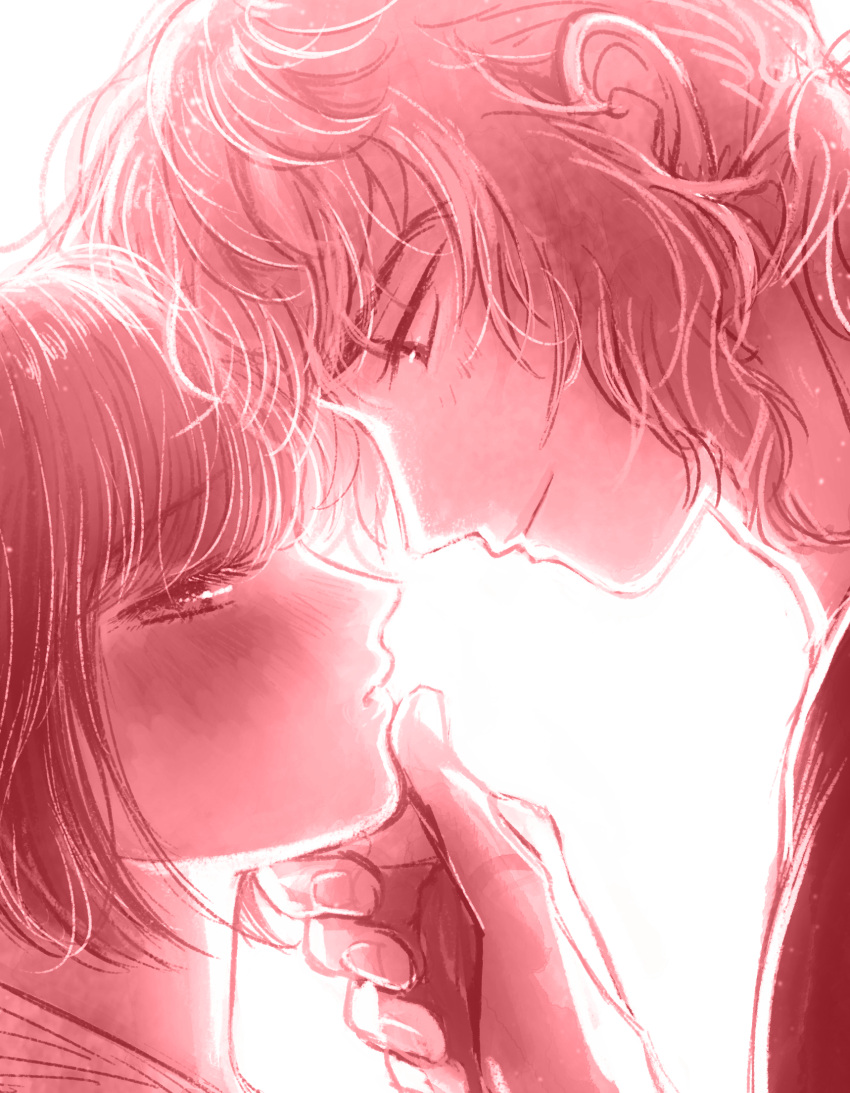 1boy 1girl averting_eyes blunt_bangs blush closed_mouth couple embarrassed eyelashes face-to-face from_side half-closed_eyes hand_on_another's_chin hand_up hetero highres looking_at_another mikage_kojirou monochrome portrait profile protagonist_(tokimemo_gs4) red_theme short_hair sidelocks sideways_glance smile stroking_another's_chin tokimeki_memorial tokimeki_memorial_girl's_side_4th_heart unizn