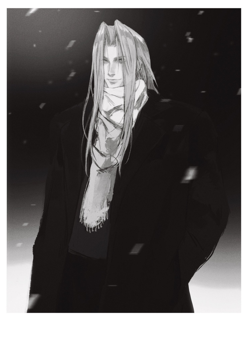 1boy alternate_costume coat commentary english_commentary final_fantasy final_fantasy_vii greyscale hand_in_pocket highres long_bangs long_coat long_hair looking_at_viewer male_focus monochrome night outdoors parted_bangs scarf sephiroth shirt smile snow snowing solo standing xscr1205