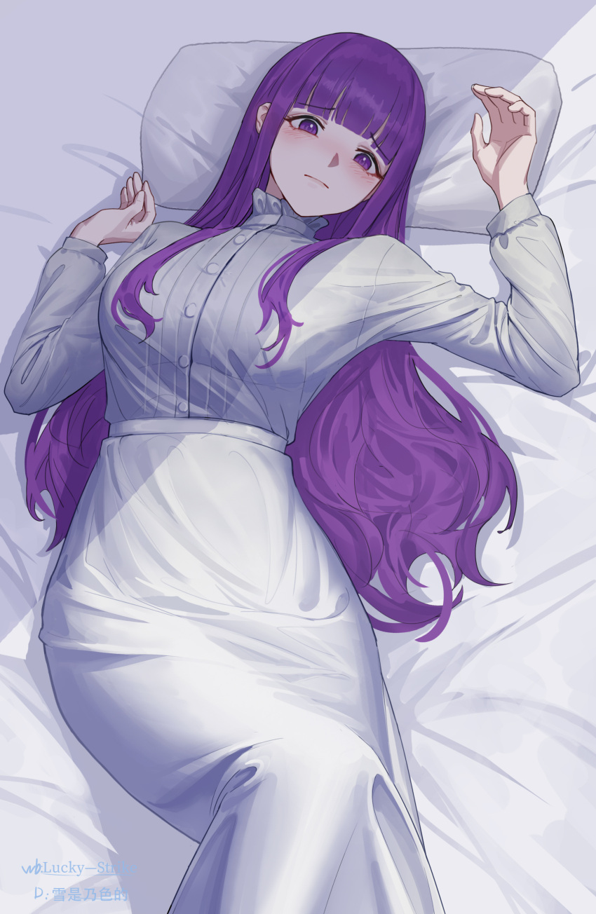 1girl absurdres artist_name blunt_bangs blush breasts closed_mouth dress fern_(sousou_no_frieren) hands_up highres large_breasts long_dress long_sleeves looking_at_viewer lucky_strike_(artist) lying on_back on_bed pillow purple_hair solo sousou_no_frieren violet_eyes white_dress