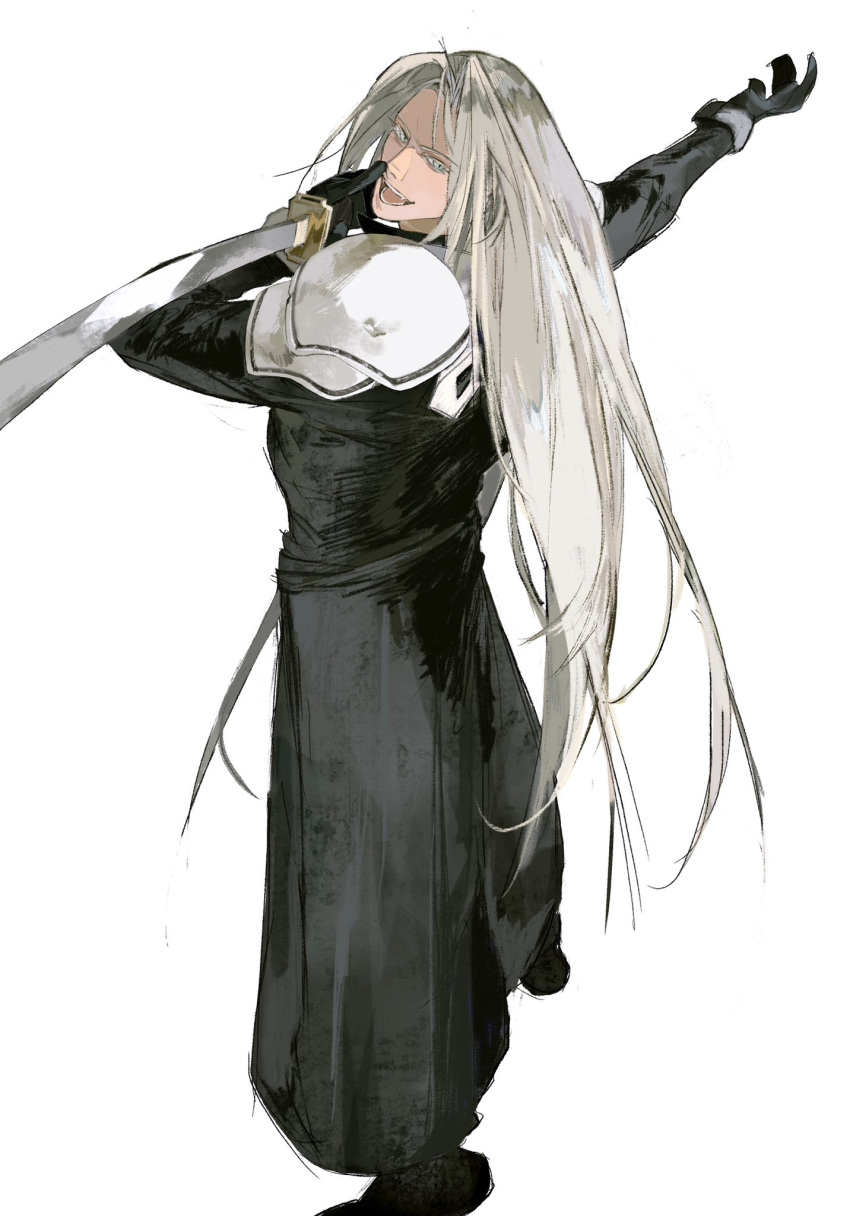 1boy arm_up armor black_coat black_footwear black_gloves boots coat commentary evil_smile final_fantasy final_fantasy_vii gloves grey_hair highres holding holding_sword holding_weapon katana long_coat long_hair long_sleeves looking_back male_focus open_mouth outstretched_arm parted_bangs pauldrons pointing_weapon sephiroth shoulder_armor simple_background smile solo sword weapon white_background white_eyes xscr1205