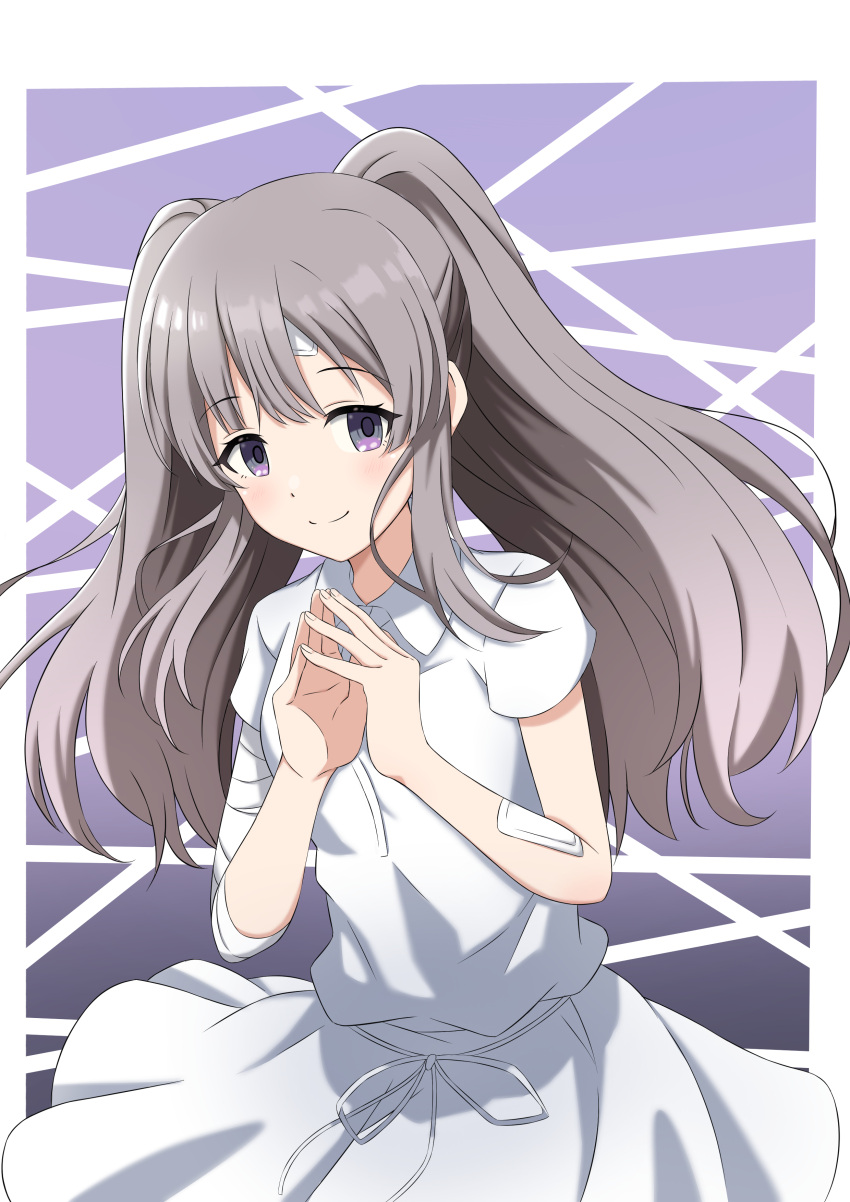 1girl absurdres bandages bandaid bandaid_on_face blush border bow breasts closed_mouth dot_nose dress gradient_background grey_hair hands_up highres idolmaster idolmaster_shiny_colors long_hair looking_at_viewer medium_breasts outside_border purple_background short_sleeves sidelocks smile solo steepled_fingers tottsuan_(tottuan0902) twintails violet_eyes waist_bow white_border white_bow white_dress yukoku_kiriko