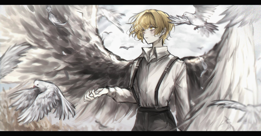 1boy bird black_pants blonde_hair collared_shirt dove feathered_wings feathers hand_up highres letterboxed limbus_company long_sleeves luull pants parted_lips project_moon shirt sinclair_(project_moon) solo suspenders white_shirt white_wings wings yellow_eyes