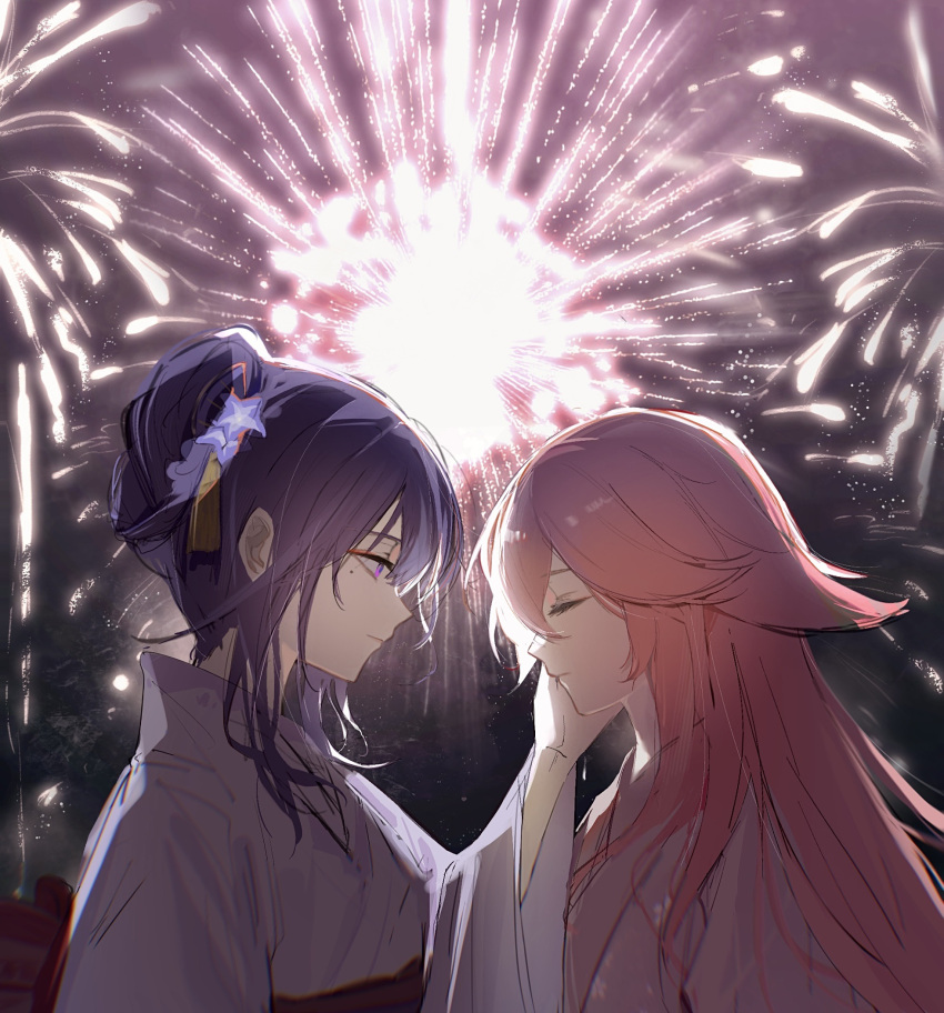 2girls animal_ears blunt_bangs chinese_commentary closed_eyes closed_mouth commentary face-to-face fireworks genshin_impact hair_between_eyes hair_down hair_ornament hair_up hand_on_another's_cheek hand_on_another's_face highres japanese_clothes kimono kis7908992 mole mole_under_eye multiple_girls night night_sky outdoors pink_hair pink_kimono purple_hair purple_kimono raiden_shogun sky violet_eyes yae_miko yuri