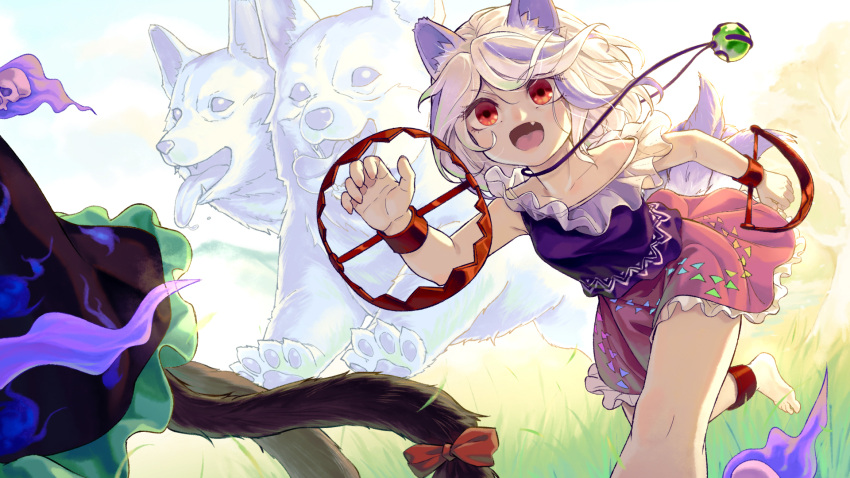 2girls animal_ears ankle_cuffs bare_legs barefoot bear_trap black_dress cat_tail commentary dog_ears dog_girl dog_tail dress extra_tails fang frilled_dress frills grey_hair highres hitodama_print jewelry kaenbyou_rin mitsugashira_enoko mitsugashira_enoko_(dog) multicolored_hair multiple_girls multiple_tails necklace off-shoulder_shirt off_shoulder open_mouth pink_skirt purple_hair purple_shirt rainbow_print red_eyes running shirt skin_fang skirt skull symbol-only_commentary tail touhou two-tone_hair unfinished_dream_of_all_living_ghost white_hair yahaha